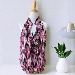 CATO SLEEVELESS RUFFLE TRIM ABSTRACT AZTEC PRINT BLOUSE PINK BLACK WHITE SIZE XL